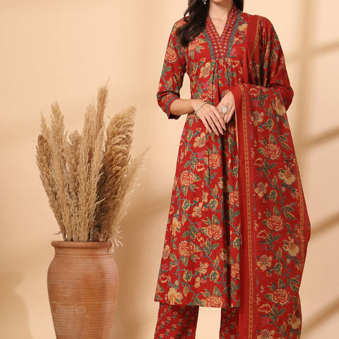 Ebbani Women’s Cotton Floral Red Kurta Set with Dupatta