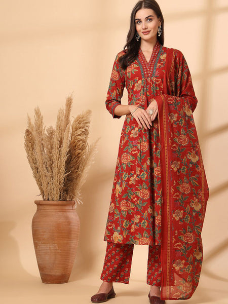 Ebbani Women’s Cotton Floral Red Kurta Set with Dupatta
