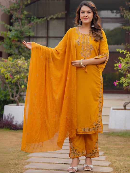 Ebbani Women’s Cotton Embroidered Musturd Kurta Set with Dupatta