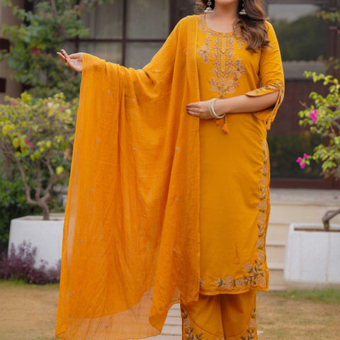 Ebbani Women’s Cotton Embroidered Musturd Kurta Set with Dupatta