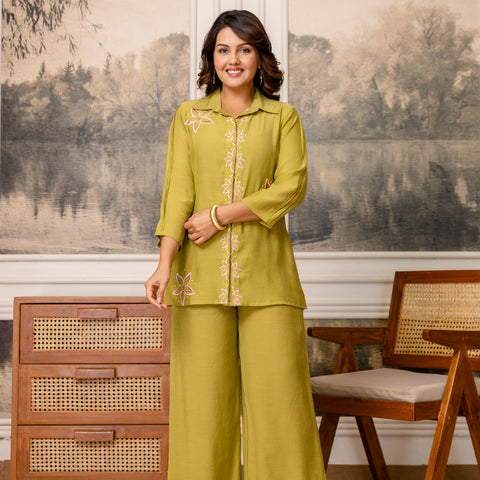 Cotton Mulmul Crush Shirt Style Co-Ord Set