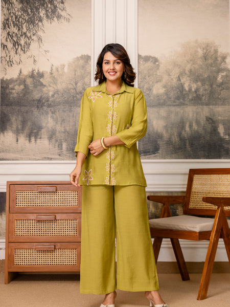 Olive Green Cotton Mulmul Crush Co-Ord Set