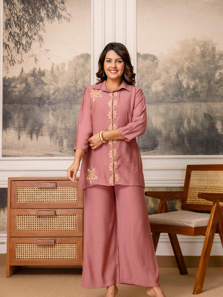 Dusty Pink Cotton Mulmul Crush Co-Ord Set