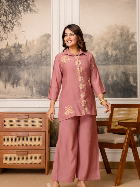 Dusty Pink Cotton Mulmul Crush Co-Ord Set