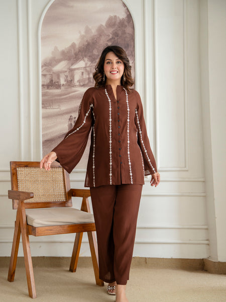 Brown Cotton Mulmul Crush Co-Ord Set