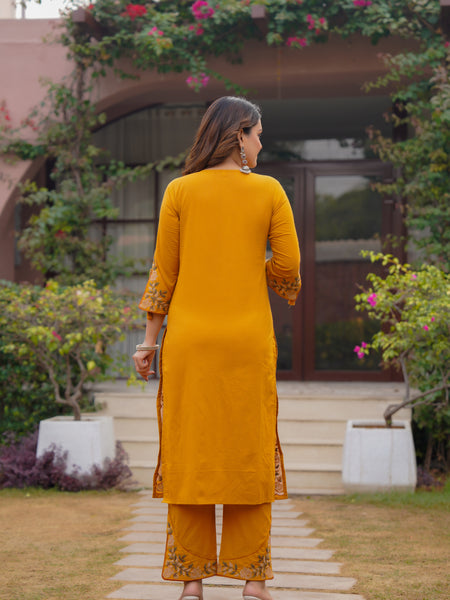 Ebbani Women’s Cotton Embroidered Musturd Kurta Set with Dupatta