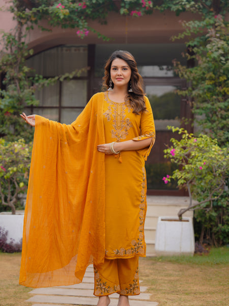 Ebbani Women’s Cotton Embroidered Musturd Kurta Set with Dupatta