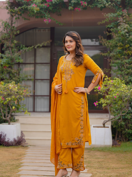 Ebbani Women’s Cotton Embroidered Musturd Kurta Set with Dupatta