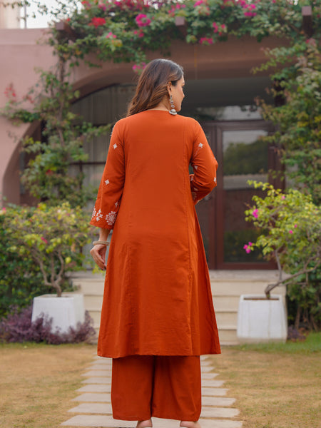 Ebbani Women’s Cotton Motifs Rust Orange Kurta Set with Dupatta