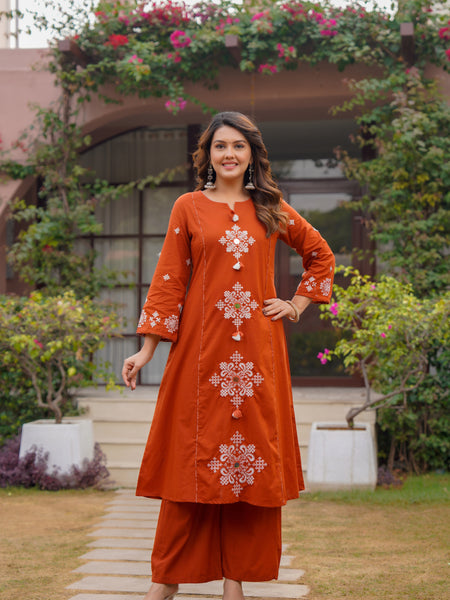 Ebbani Women’s Cotton Motifs Rust Orange Kurta Set with Dupatta