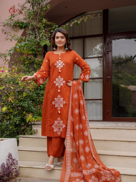 Ebbani Women’s Cotton Motifs Rust Orange Kurta Set with Dupatta