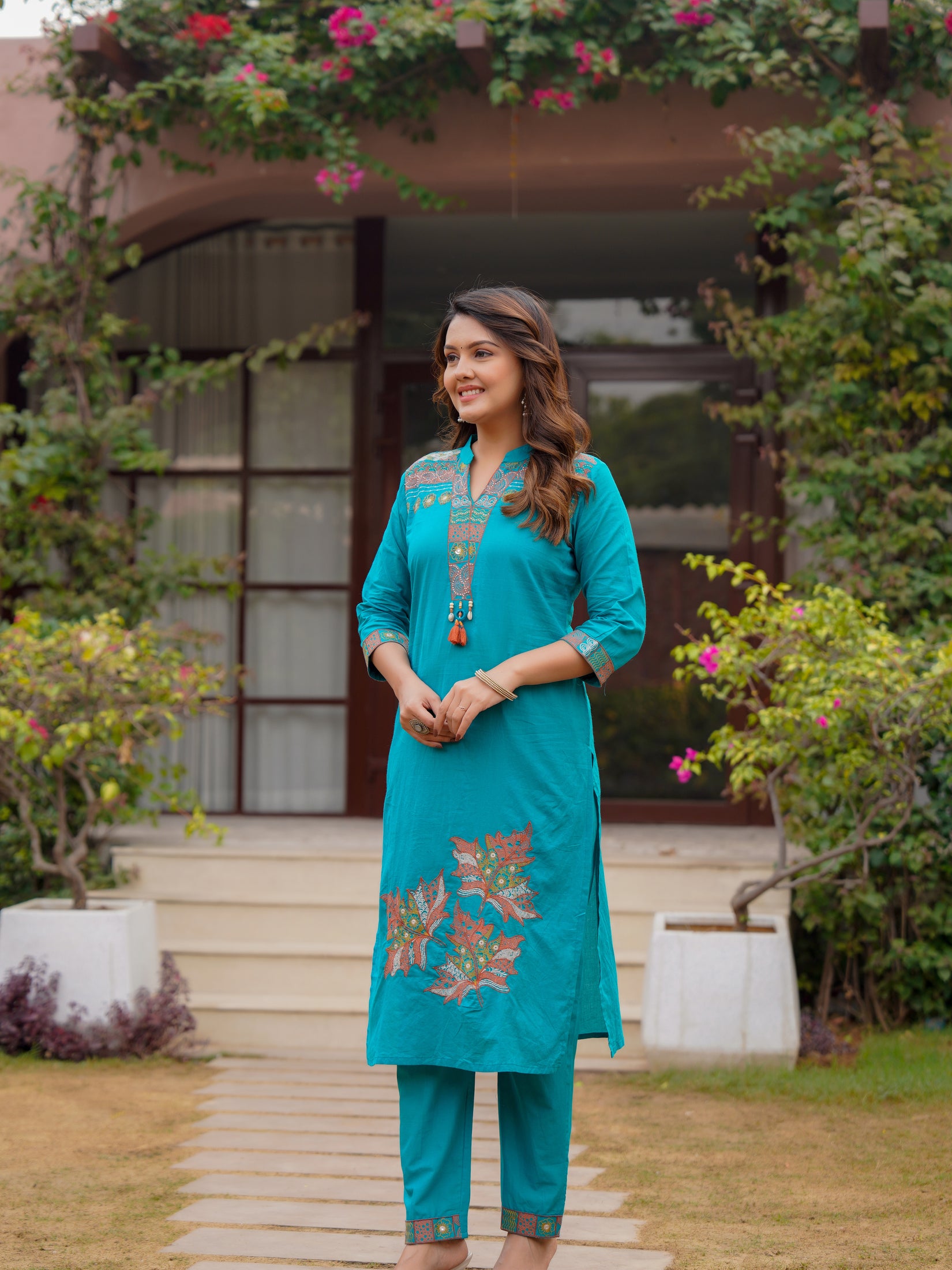 Ebbani Women’s Cotton Aqua Blue embroided Kurta Set with Dupatta