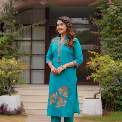 Ebbani Women’s Cotton Aqua Blue embroided Kurta Set with Dupatta