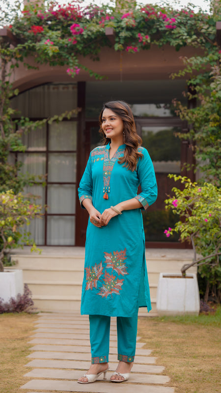 Ebbani Women’s Cotton Aqua Blue embroided Kurta Set with Dupatta