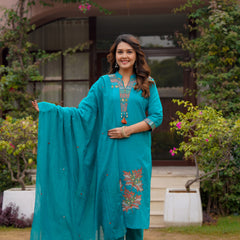 Ebbani Women’s Cotton Aqua Blue embroided Kurta Set with Dupatta