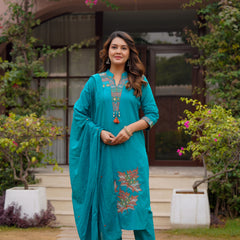 Ebbani Women’s Cotton Aqua Blue embroided Kurta Set with Dupatta