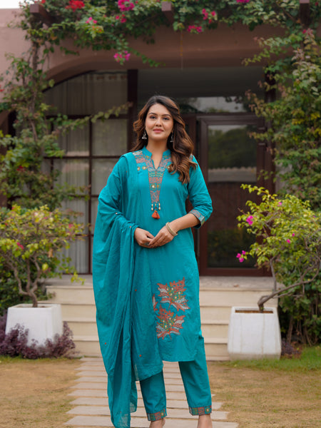 Ebbani Women’s Cotton Aqua Blue embroided Kurta Set with Dupatta