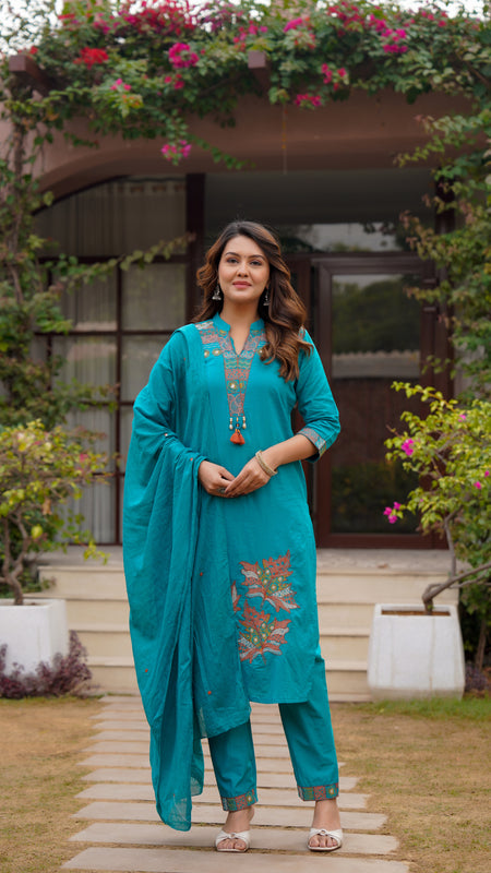 Ebbani Women’s Cotton Aqua Blue embroided Kurta Set with Dupatta