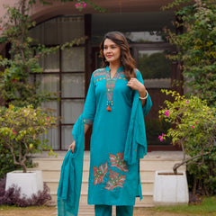 Ebbani Women’s Cotton Aqua Blue embroided Kurta Set with Dupatta