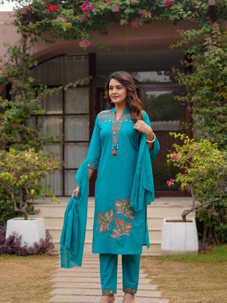 Ebbani Women’s Cotton Aqua Blue embroided Kurta Set with Dupatta