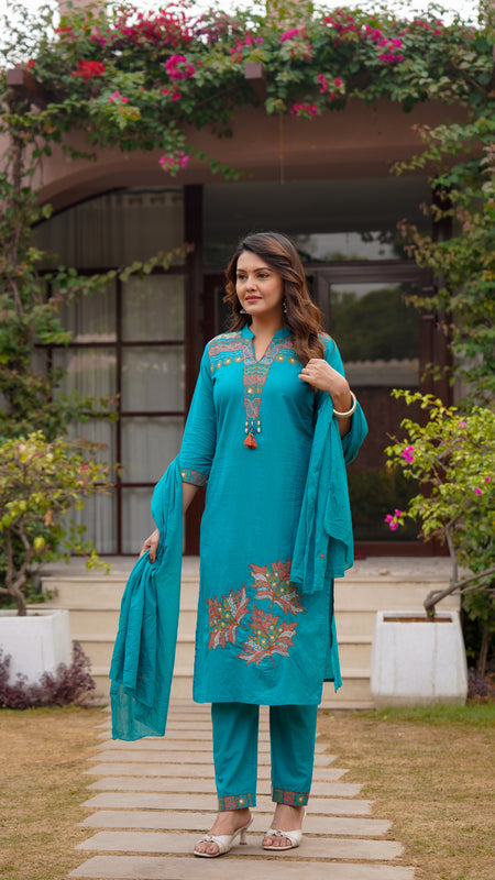 Ebbani Women’s Cotton Aqua Blue embroided Kurta Set with Dupatta