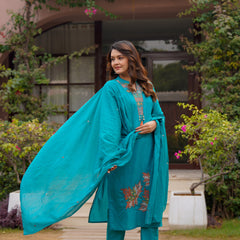 Ebbani Women’s Cotton Aqua Blue embroided Kurta Set with Dupatta