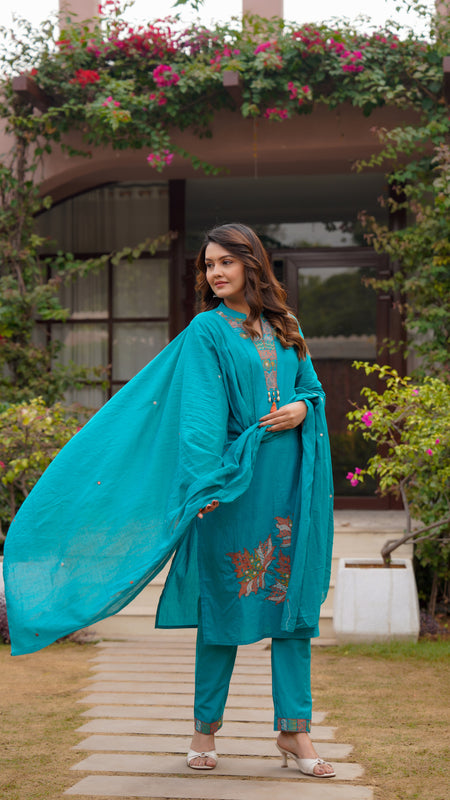 Ebbani Women’s Cotton Aqua Blue embroided Kurta Set with Dupatta