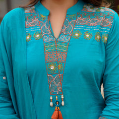 Ebbani Women’s Cotton Aqua Blue embroided Kurta Set with Dupatta