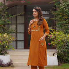 Ebbani Women’s Cotton Embroidered Rust Kurta Set with Dupatta