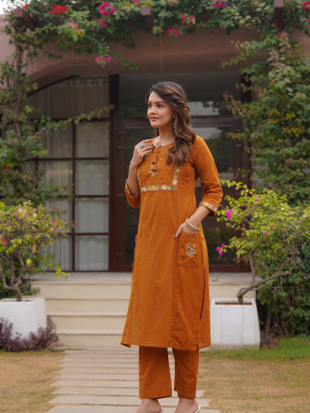 Ebbani Women’s Cotton Embroidered Rust Kurta Set with Dupatta