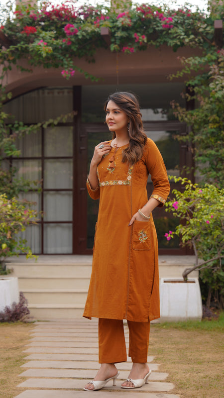 Ebbani Women’s Cotton Embroidered Rust Kurta Set with Dupatta