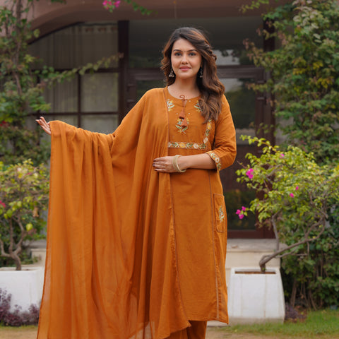 Ebbani Women’s Cotton Embroidered Rust Kurta Set with Dupatta