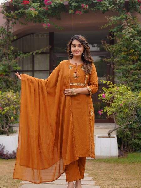 Ebbani Women’s Cotton Embroidered Rust Kurta Set with Dupatta