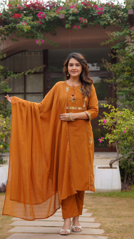 Ebbani Women’s Cotton Embroidered Rust Kurta Set with Dupatta