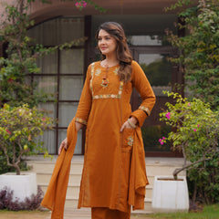 Ebbani Women’s Cotton Embroidered Rust Kurta Set with Dupatta