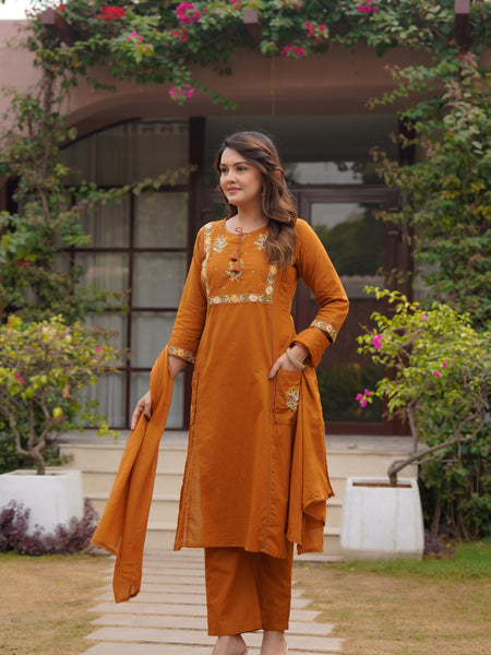 Ebbani Women’s Cotton Embroidered Rust Kurta Set with Dupatta