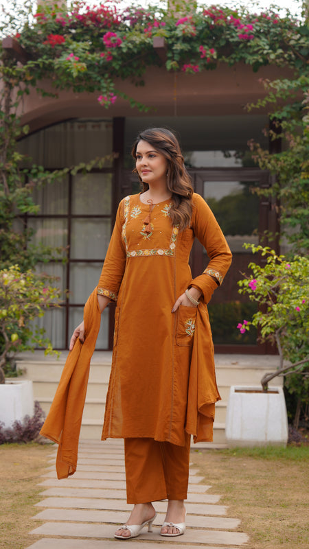 Ebbani Women’s Cotton Embroidered Rust Kurta Set with Dupatta