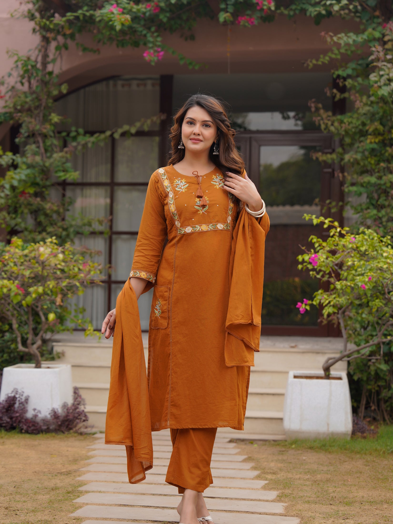 Ebbani Women’s Cotton Embroidered Rust Kurta Set with Dupatta