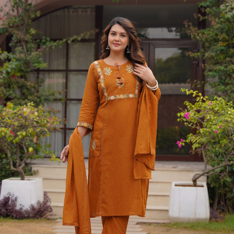 Ebbani Women’s Cotton Embroidered Rust Kurta Set with Dupatta