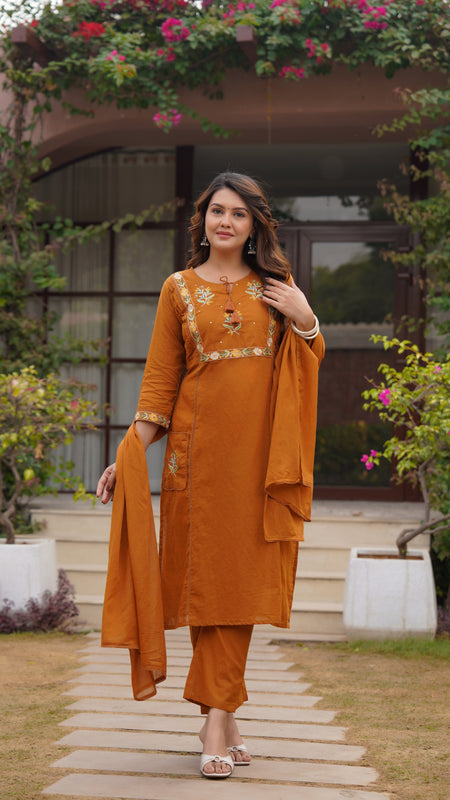 Ebbani Women’s Cotton Embroidered Rust Kurta Set with Dupatta