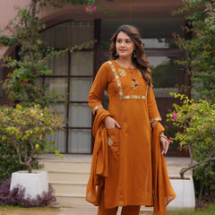 Ebbani Women’s Cotton Embroidered Rust Kurta Set with Dupatta