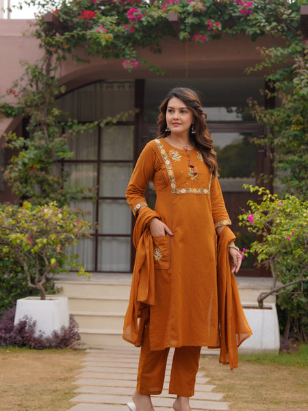 Ebbani Women’s Cotton Embroidered Rust Kurta Set with Dupatta
