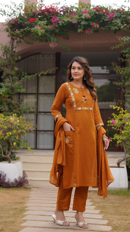 Ebbani Women’s Cotton Embroidered Rust Kurta Set with Dupatta