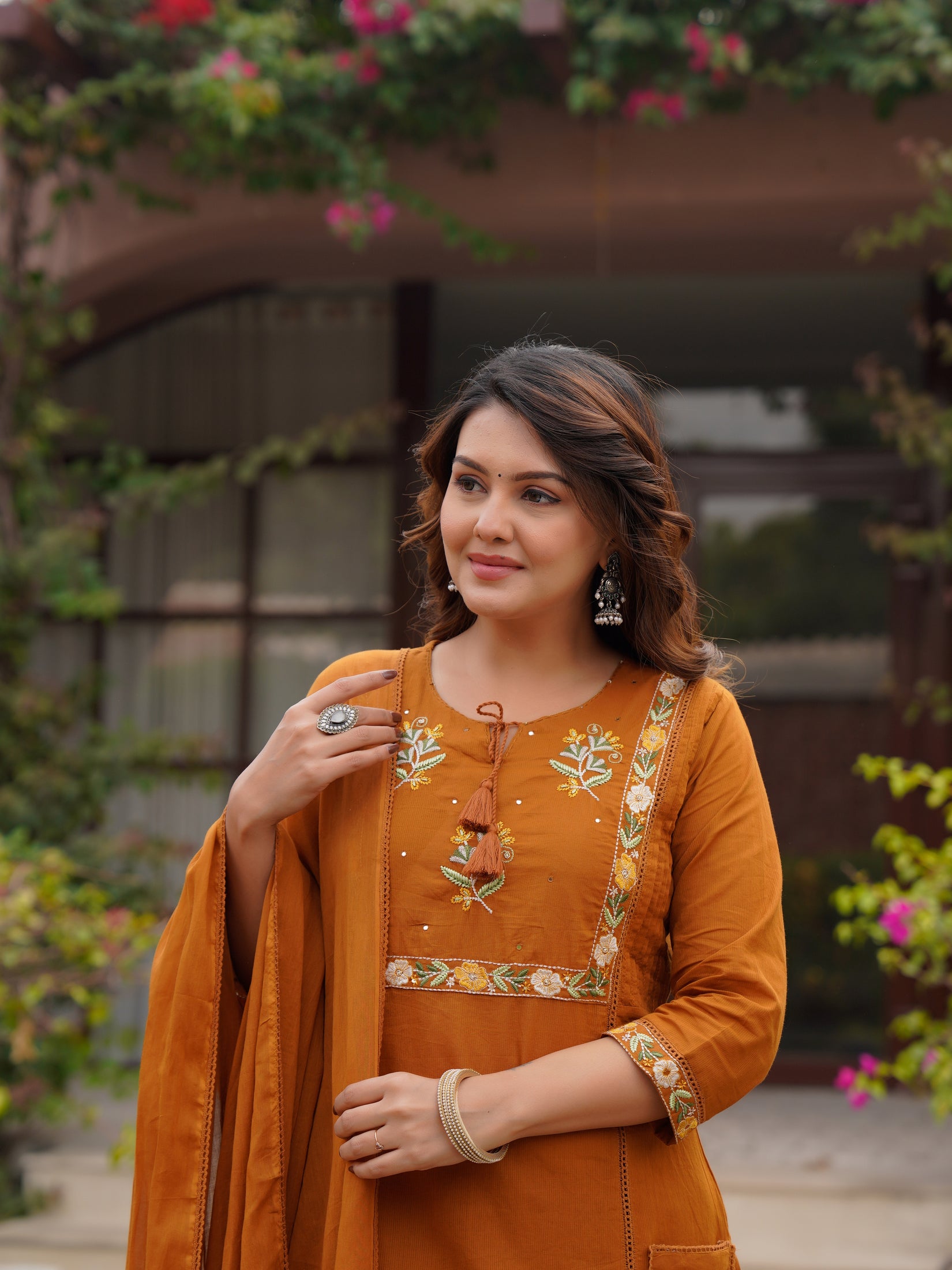 Ebbani Women’s Cotton Embroidered Rust Kurta Set with Dupatta