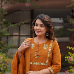 Ebbani Women’s Cotton Embroidered Rust Kurta Set with Dupatta