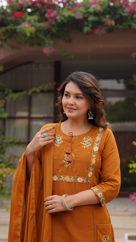 Ebbani Women’s Cotton Embroidered Rust Kurta Set with Dupatta