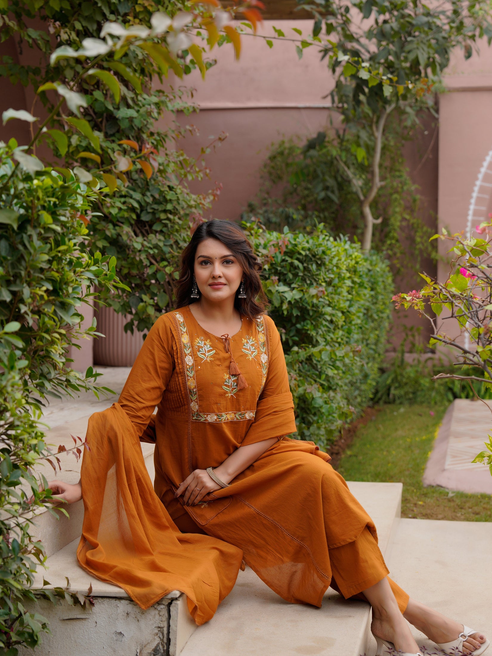 Ebbani Women’s Cotton Embroidered Rust Kurta Set with Dupatta