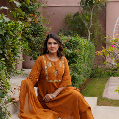 Ebbani Women’s Cotton Embroidered Rust Kurta Set with Dupatta
