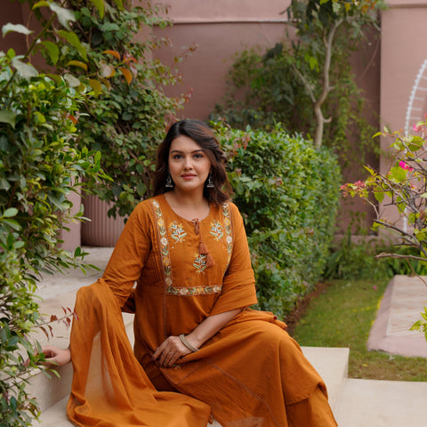 Ebbani Women’s Cotton Embroidered Rust Kurta Set with Dupatta