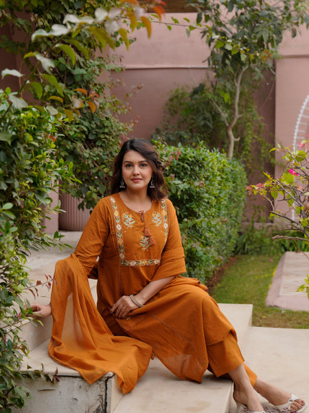 Ebbani Women’s Cotton Embroidered Rust Kurta Set with Dupatta